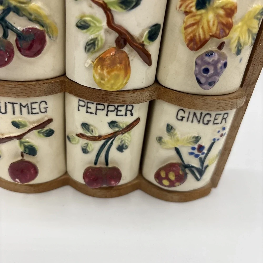 Vintage GNCO Japan Spice Rack Ceramic Shakers Set Indian Village Mich Souvenir